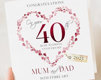 Tarjeta de aniversario de bodas de rubí - Tarjeta de boda número 40, Aniversario de rubí - Aniversario de mamá y papá, abuelos y amigos - Felicitaciones por 40 años