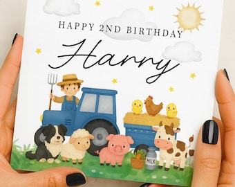 Tarjeta de segundo cumpleaños para niño, tarjeta personalizada para el segundo cumpleaños de un niño, regalo para el segundo cumpleaños de un niño, tractores.
