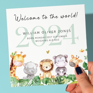 Carte personnalisée nouveau bébé, carte Safari Bienvenue dans le monde, nouveau-né garçon, cadeau bébé fille, carte bébé petite-fille, petit-fils, neveu