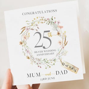 Tarjeta de aniversario de bodas de PLATA - Tarjeta de 25.º aniversario de bodas, Aniversario de Diamante - Aniversario de padres - Felicidades por 25 años de casados -