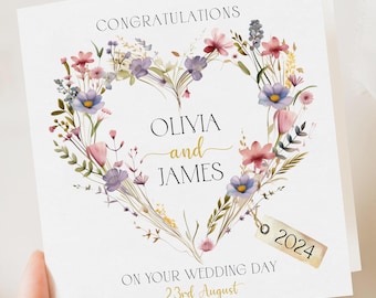 Carte florale de mariage personnalisée | Salutation d'un couple nouvellement marié | Carte de mariage de félicitations | Carte-cadeau de mariage | Initiales