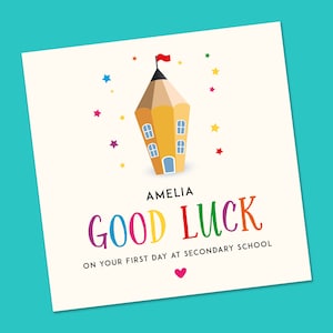 Tarjeta de primer día en la escuela, Regreso al cole, Primer día de secundaria, Tarjeta de escuela primaria, Tarjeta de nueva escuela, Tarjeta de buena suerte personalizada
