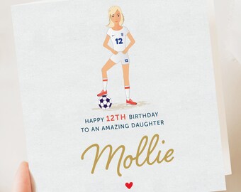 Fútbol de Inglaterra femenino, tarjeta de cumpleaños de fútbol para niñas, tarjeta de fútbol para hija, nieta, sobrina, regalo de cumpleaños, tarjeta personalizada