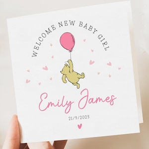 Carte de naissance, joli souvenir, Winnie, carte personnalisée, nouveau-né fille, cadeau fille, petite-fille bébé, nièce, cousine