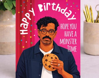 Tarjeta de cumpleaños divertida inspirada en "El último en reír", Cookie Romesh Ranganathan, Meme, Para él/ella, Bob Mortimer, etc.