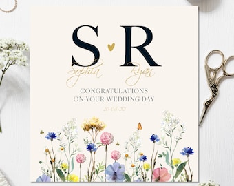 Initialen trouwkaart | Gepersonaliseerde trouwkaart | Pasgetrouwde kaart | Bloemen trouwkaart | Trouwkaart bruid en bruidegom | Lente trouwkaart