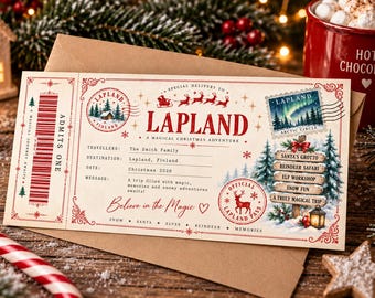 Puede incluir: Un billete de color crema para Laponia con texto en rojo, un código de barras e ilustraciones de un trineo, renos y una señal. El billete incluye el texto Special Delivery to Lapland, A Magical Christmas Adventure y Believe in the Magic, junto con un sello del círculo polar ártico.