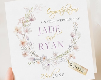 Tarjeta floral de boda personalizada / Saludo para recién casados / Tarjeta de felicitación de boda / Tarjeta de regalo de boda / Iniciales