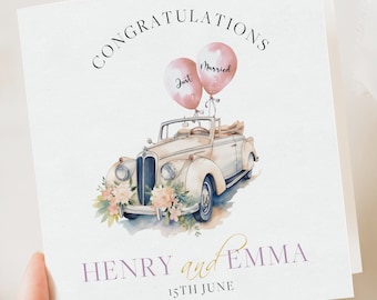 Tarjeta floral personalizada para coche de bodas / Tarjeta de felicitación para recién casados / Tarjeta de felicitación de boda / Tarjeta de regalo de boda / Iniciales