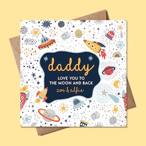Linda tarjeta del Día del Padre, Tarjeta de cumpleaños para papá - Tarjeta del Día del Padre - Te amo hasta la luna y más allá, Tarjeta de cumpleaños personalizada para papá