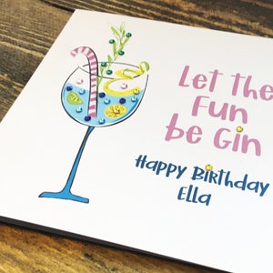 Biglietto di auguri di compleanno per lei, biglietto di auguri di compleanno personalizzato per lei, biglietto di auguri di compleanno a base di gin per un'amica, che il divertimento abbia inizio