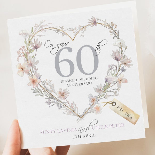 Carte d'anniversaire de mariage diamant - 60e carte de mariage, anniversaire de diamant - Anniversaire des grands-parents - Félicitations pour vos 60 ans de mariage -