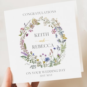 Carte florale de mariage personnalisée | Salutation d'un couple nouvellement marié | Carte de mariage de félicitations | Carte-cadeau de mariage | Couronne d'été vintage