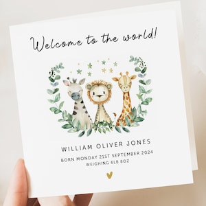 Neue Babykarte, Safari Willkommen in der Weltkarte, personalisierte Neugeborenenjunge, Babymädchengeschenk, Enkelin-Babykarte, Enkel, Neffe