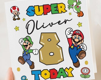 Super Mario jongens verjaardag, kaart voor zoon, kleinzoon, neef, elke leeftijd, jongenskaart, gepersonaliseerde verjaardagskaart,