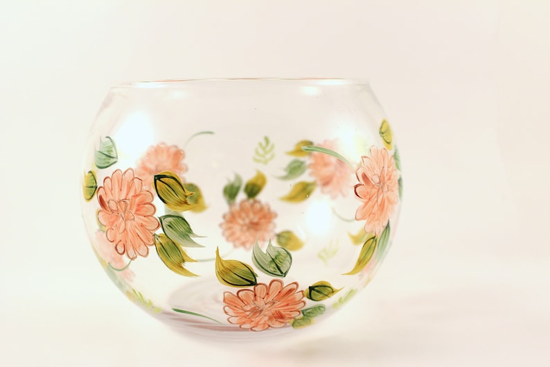 Hand Painted Clear Glass Bowl With Pink Floral Patterning Etsy