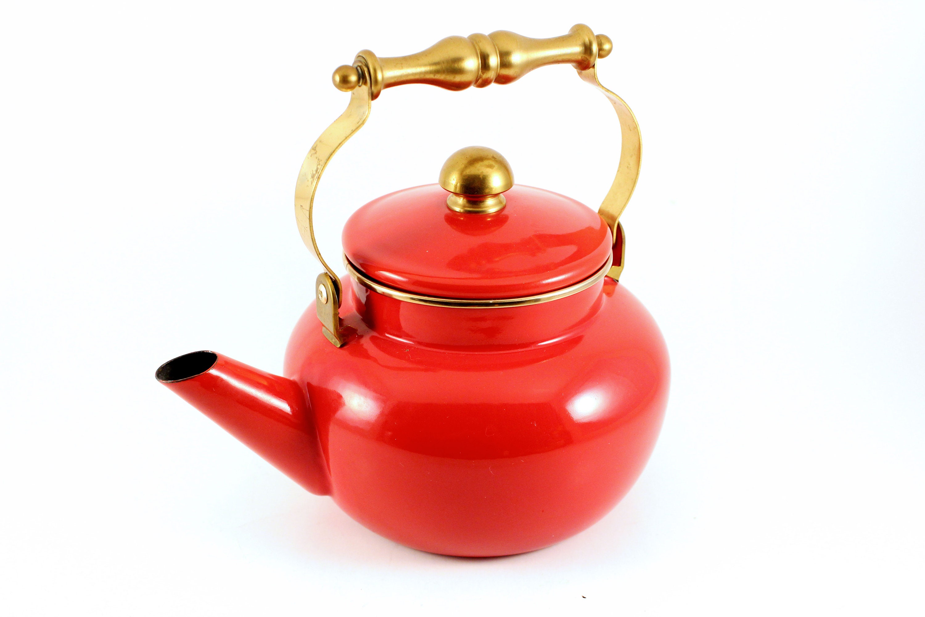 Large Red Metal Tea Kettle with Golden Handle Etsy