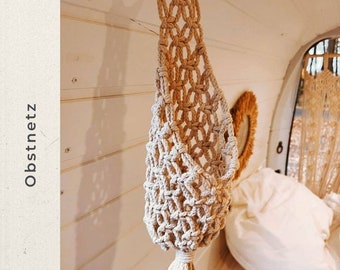 Rete per frutta Macrame da campeggio - Cesto di frutta - Appeso a parete Boho - Campo - Utensilo per camper Vanlife o camper WoMo - Nodo regalo amore