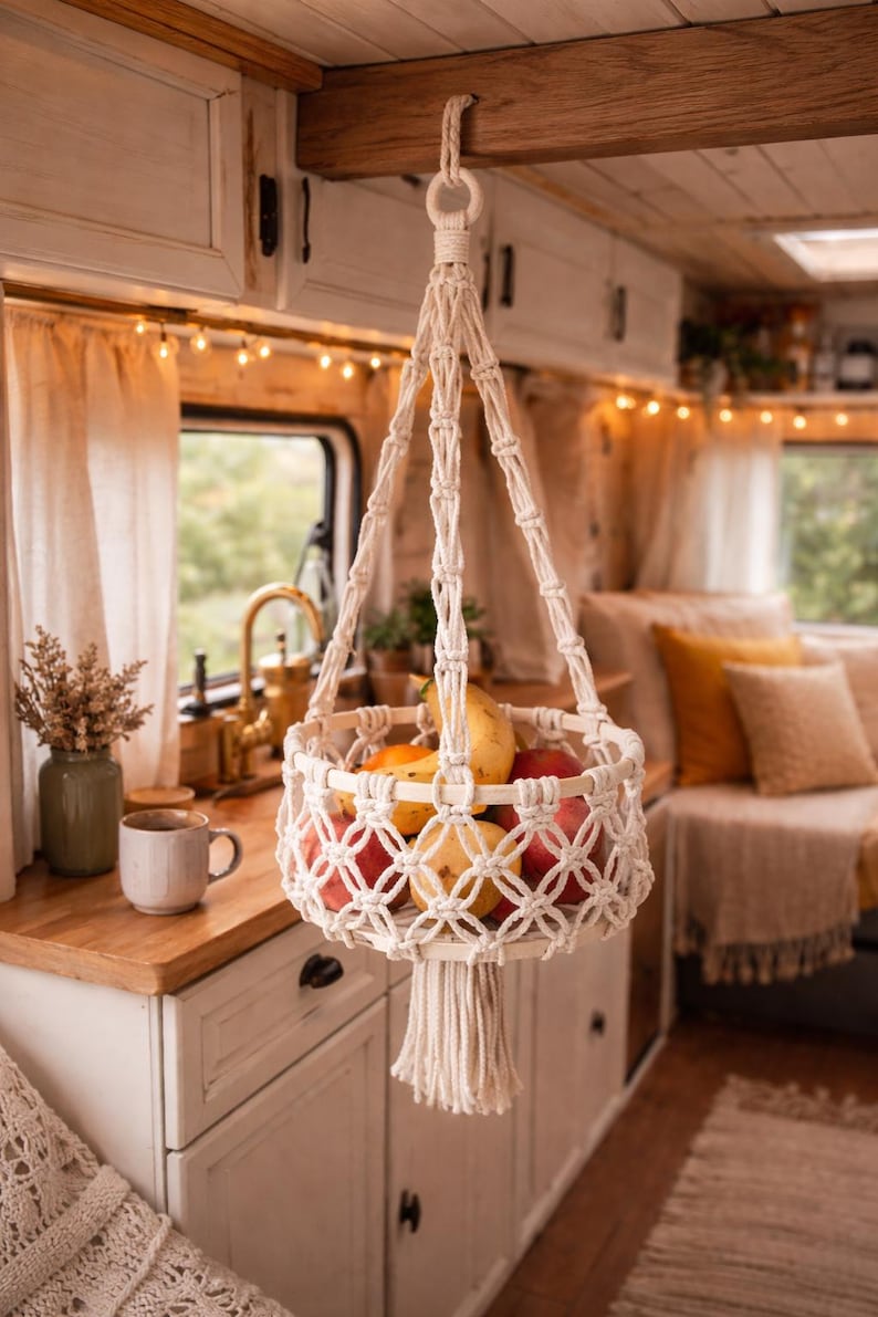 Macrame Hanging Fruit Basket for Camping - VANlife - Camper Van Decor - Vintage Decoration - Hanging Basket - Gift - Boho Wall Hanging - Knot Love image 2