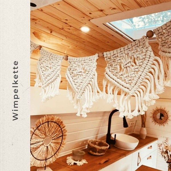 Chaîne de fanions en macramé camping - guirlande - décoration bohème vintage - pour camping-car - vanlife - mariage, cadeau - noeud amour - tenture murale bohème