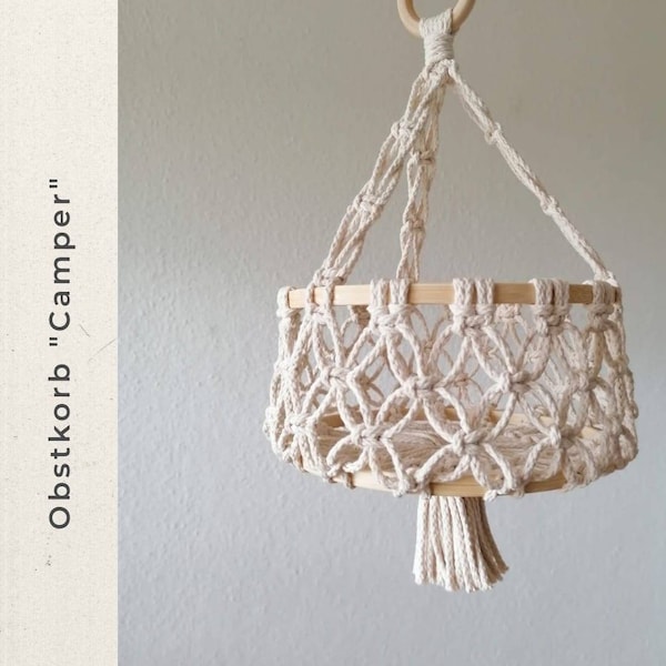 Corbeille de fruits en macramé "Camper" - panier de camping idéal pour Vanlife WoMo - décoration bohème vintage - cadeau anniversaire mariage - tenture murale noeud amour