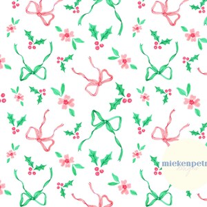 May include: A seamless pattern featuring pink bows, green holly sprigs with red berries, and pink flowers on a white background. The pattern is perfect for holiday crafts and projects.