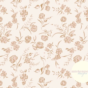 Könnte beinhalten: Ein nahtloses Muster mit einem zarten Blumendesign in Brauntönen auf einem hellrosa Hintergrund. Das Muster enthält kleine Blumen, größere Blüten und Blattstängel.
