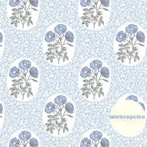 French Country Blumenmuster: Blau-Weißer Blockprint (Digitales Papier)