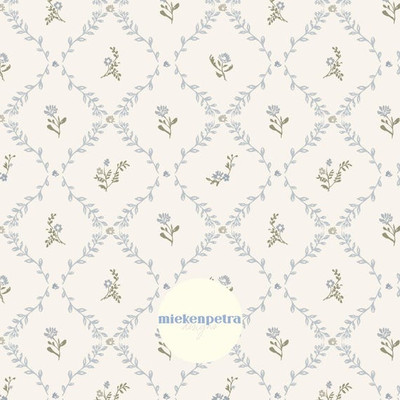 Blue Green Toile Floral Pattern: Vintage Cottage Style Digital Paper (JPG, 5000x5000 px)
