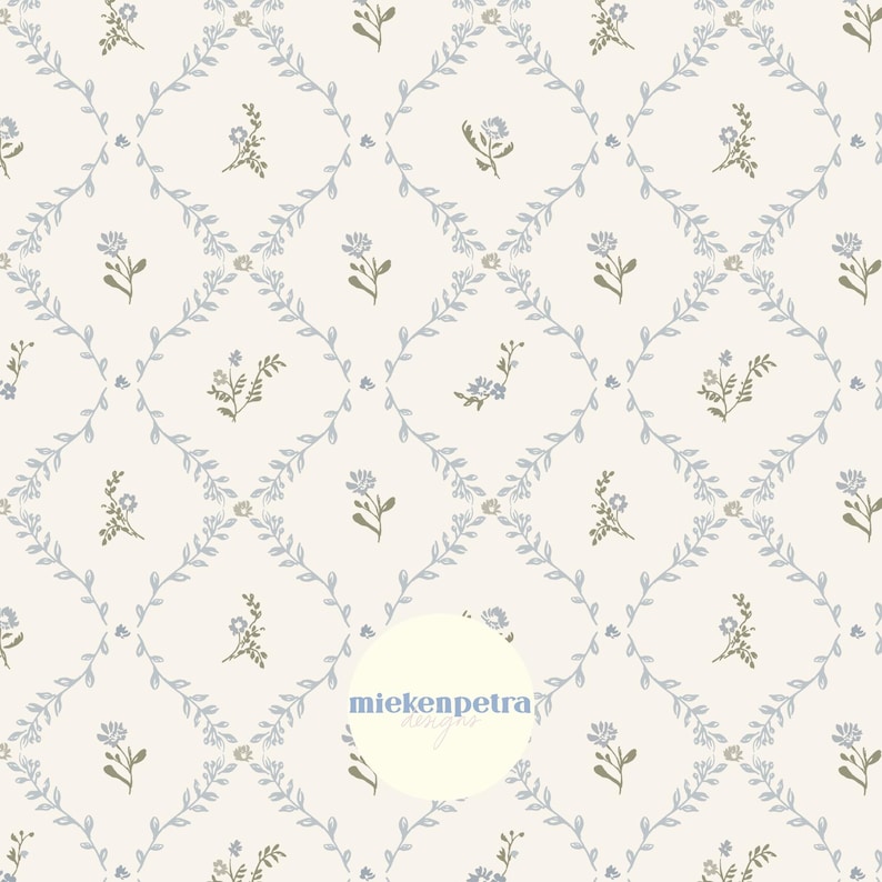 May include: A repeating pattern featuring a cream background with a trellis design of light blue vines and small flowers. The flowers are in shades of blue and olive green. The text "miek en petra designs" is in a white circle.