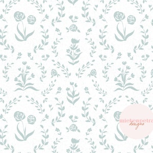Peut inclure: Un motif sans couture composé de brindilles et de couronnes florales bleu clair sur un fond blanc. Le motif comprend divers éléments floraux, tels que des roses, des feuilles et des tiges.