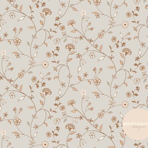 May include: A seamless pattern featuring delicate brown floral vines with small white and brown flowers on a light gray background. The pattern includes the text "mievenpetra designs" in a circle.