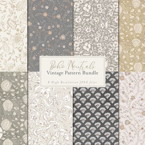 Collection vintage de motifs floraux Boho Neutrals | Paquet de papier numérique | 8 motifs répétitifs transparents, JPG à usage commercial, arrière-plans