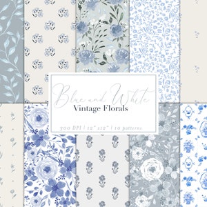 Blue and White Vintage Florals | Digital Paper Pack | Set of 10 Seamless Repeating Patterns, Backgrounds, Commercial Use JPG