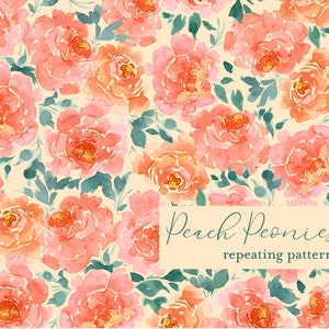 May include: A seamless pattern featuring watercolor peach-colored peonies with green leaves on a cream background. The text "Peach Peonies repeating pattern" is at the bottom of the image.