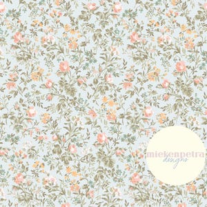 Patrón floral vintage repetitivo sin costuras, estilo cottagecore, flores azules y rosas. Papel digital. Alta resolución. JPG para uso comercial