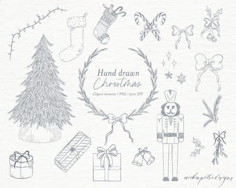 May include: A set of hand-drawn Christmas illustrations in a blue-grey color. The illustrations include a Christmas tree, a stocking, a wreath, a nutcracker, a bow, a gift, bells, and a candy cane. The text "Hand drawn Christmas" is included in the image.