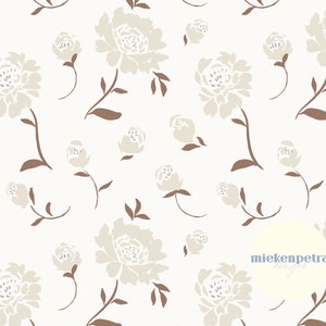 May include: A seamless pattern featuring beige flowers with brown stems and leaves on a white background. The pattern is repeated throughout the image.