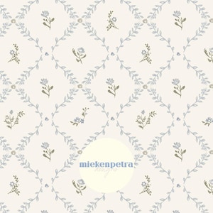 May include: A repeating pattern of small blue and brown flowers and leaves on a cream background. The design is arranged in a diamond grid, creating a delicate and vintage aesthetic. The text "miek en petra" is in the center.