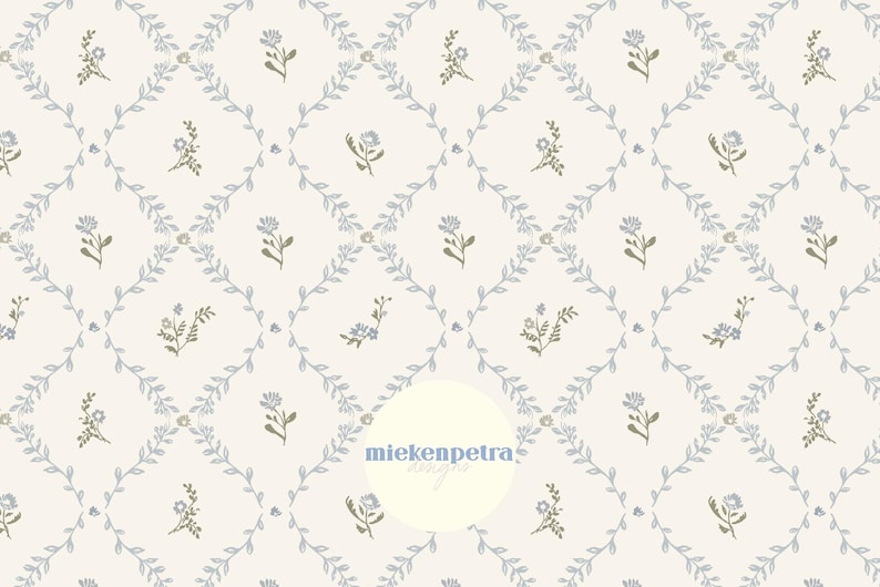 May include: A repeating pattern of small blue and brown flowers and leaves on a cream background. The design is arranged in a diamond grid, creating a delicate and vintage aesthetic. The text "miek en petra" is in the center.