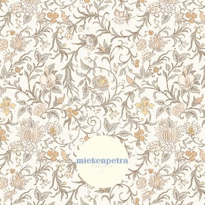 May include: A cream-colored floral pattern featuring detailed botanical illustrations in shades of beige, gray, and pale yellow. The design includes stylized flowers, leaves, and vines, creating a vintage aesthetic. The text "miekepetra designs" is in a white circle.