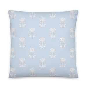 Blue and White Block Print Floral Throw Pillow | Designer Throw Pillow Cover and Insert | Coastal, Grandmillenial