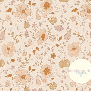 May include: A seamless pattern featuring a delicate floral design with beige and brown flowers, vines, and leaves on a light beige background. The pattern also includes small pumpkins and gourds. The text "mielenpetra designs" is in the lower right corner of the image.