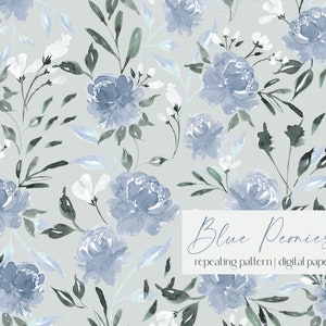 Blaue Pfingstrosen Nahtlose Rapportmuster | Blau, Marine, Waldgrün | Florales digitales Papier, kommerzielle Nutzung JPG