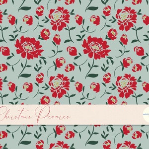 May include: A seamless pattern featuring red peonies on a light blue background. The pattern is titled "Christmas Peonies" and includes the name "niekenpetra" in a circle.
