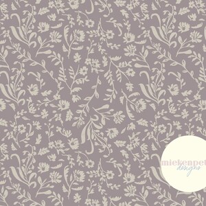 Könnte beinhalten: Ein nahtloses Muster mit einem zarten floralen Design in hellbeige auf einem staubigen lila Hintergrund. Das Muster besteht aus kleinen Blumen und Blättern und erzeugt einen dezenten und eleganten Look.