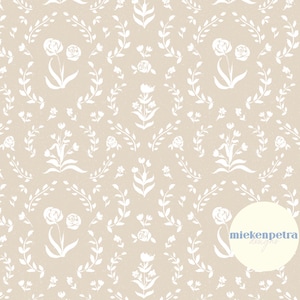 May include: A seamless pattern featuring white floral designs on a beige background. The pattern includes various floral motifs, such as roses, leaves, and stems, creating a delicate and elegant design. The pattern is repeated throughout the image, creating a sense of continuity and rhythm.