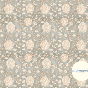 May include: A seamless pattern featuring a repeating design of stylized white flowers with orange stems on a light blue background. The pattern is reminiscent of traditional Indian floral designs.