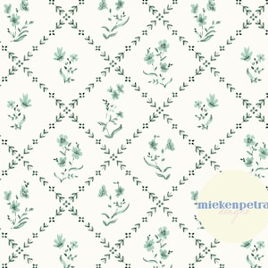 Op de afbeelding: Een naadloos patroon met een herhalend ontwerp van kleine groene bloemtakjes en een ruitvormig rasterwerk. De achtergrond is wit.