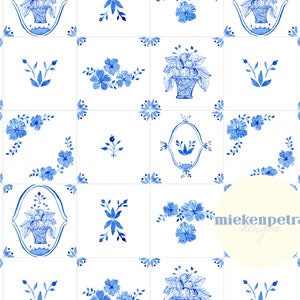 May include: A seamless pattern of blue and white tiles with floral designs. The tiles feature a variety of floral motifs, including bouquets, single flowers, and leaves. The pattern is repeated throughout the image.